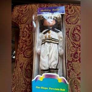 Timothy Porcelain Doll White Dress  Ashley Belle Collection Stand Brown Hair